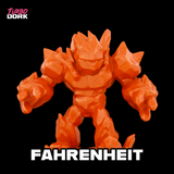 Orange robot toy figure named 'Fahrenheit' with 'Turbo Dork' branding on a black background