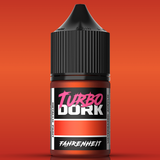 Bottle of Turbo Dork paint with a black cap on an orange background