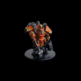 Warhammer 40K Space Marine figurine with orange and black armor on a black background