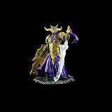 Fantasy figurine with purple and gold armor holding a sword on a black background