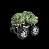 Toy vehicle with a green crocodile-like body on a black background
