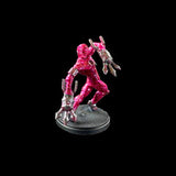 Pink superhero figurine holding a dog on a black background