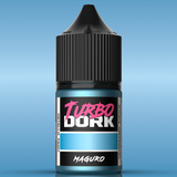 Bottle of Turbo Dork paint with black cap on a blue background