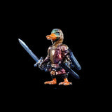 Metallic duck figurine in armor holding a sword on a black background