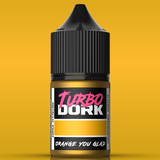 Bottle of Turbo Dork paint with a black cap on a yellow background