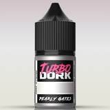 Bottle of Turbo Dork Pearly Gates paint with black cap on a light gray background