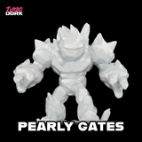 White miniature figure of a character named 'Pearly Gates' with 'Turbo Dork' branding on a black background.