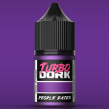 Bottle of Turbo Dork paint with a purple label on a purple background