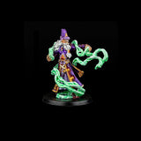 Fantasy miniature figure with purple hat and green accents on a black background