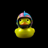 Yellow rubber duck wearing a colorful helmet on a black background