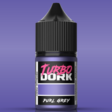 Bottle of Turbo Dork metallic paint in purl grey on a purple background