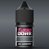Bottle of Turbo Dork Six Shooter paint with black cap on a gray background