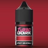 Bottle of Turbo Dork Spicy Meatball metallic paint against a red background