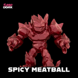 Red action figure labeled 'Spicy Meatball' with 'Turbo Dork' branding on a black background