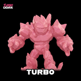 Pink robot figurine with 'Turbo' branding on a black background