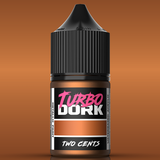 Bottle of Turbo Dork paint with a black cap on an orange background