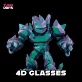Colorful robot figurine with 'Turbo Dork' branding and '4D Glasses' text on a black background.