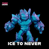 Blue and purple robot figure with 'Ice to Never' text on a black background, featuring the brand 'Turbo Dork'.