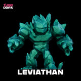 Teal robot figure named 'Leviathan' with 'Turbo Dork' branding on a black background