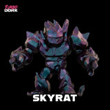 Toy figure of a robot named 'Skyrat' with a metallic purple and blue finish on a black background, featuring the brand 'Turbo Dork'.