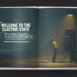 Open book with a scene of a person by a phone booth and text 'Welcome to the Electric State'.