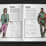 Open book showing illustrations and text of 'Devotee' and 'Doctor' characters.