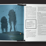 Open book showing illustrations of robots and text on a black background