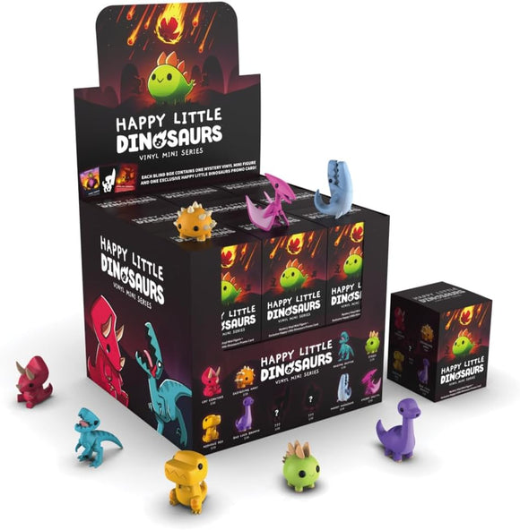 Display of 'Happy Little Dinosaurs' vinyl mini figures with packaging on a white background.