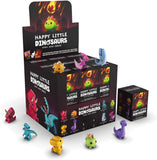 Display of 'Happy Little Dinosaurs' vinyl mini figures with packaging on a white background.