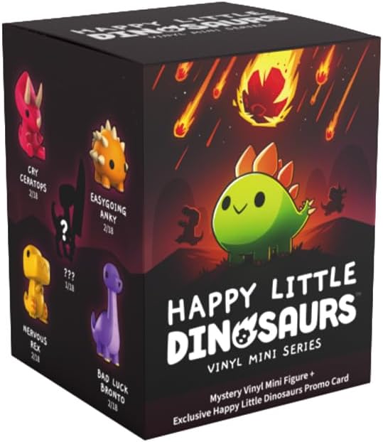 Box of 'Happy Little Dinosaurs' vinyl mini figures with colorful dinosaurs on a dark background.