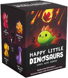 Box of 'Happy Little Dinosaurs' vinyl mini figures with colorful dinosaurs on a dark background.