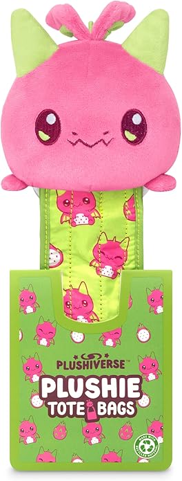Pink plushie with green accents on a green tote bag with Plushiverse branding.