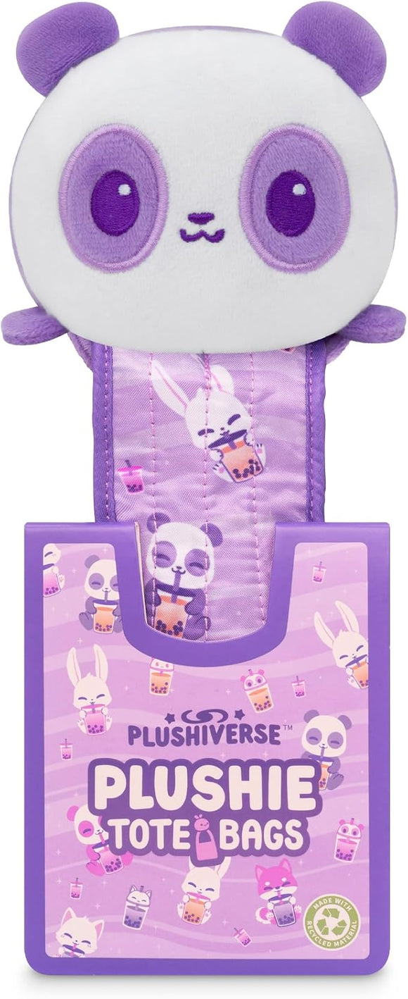 Plushie tote bag with a purple panda design on a white background