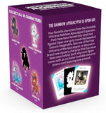 Purple packaging box for Unstable Unicorns vinyl mini figures with character images and text.