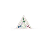 Triangular die with colorful numbers and symbols on a white background