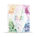 Packaging of 'Unstable Unicorns' with colorful unicorn illustrations on a white background