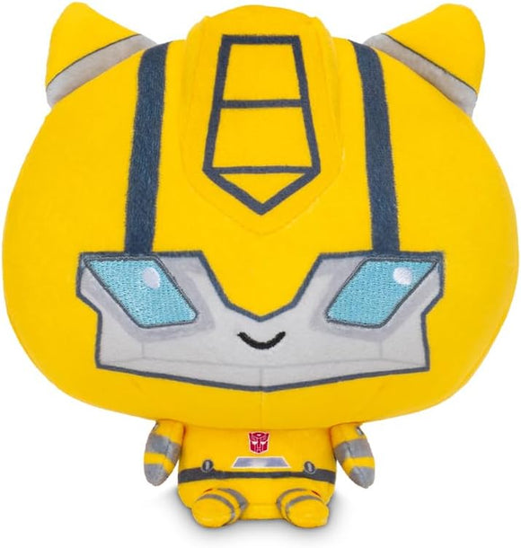 Yellow plush toy with robot design on a white background