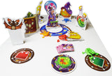Colorful board game components including cards and figures on a white surface