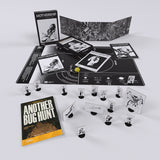 Board game components including cards, figures, and a book titled 'Another Bug Hunt' on a white background.