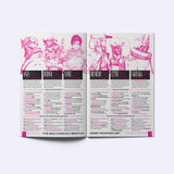 Open book with illustrations and text on a white background