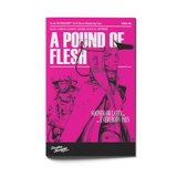 Book cover of 'A Pound of Flesh' with a pink background and black illustrations.