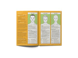 Open book with illustrations and text on a white background