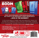 Card game packaging for 'Two Rooms and a Boom' with character cards displayed on a red background.