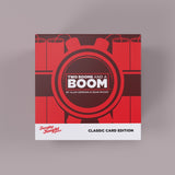 Board game box titled 'Two Rooms and a Boom' with red and brown design on a gray background