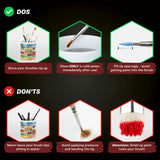 Illustrations of painting brush care dos and don'ts on a black background