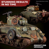 Model tanks with detailed rust and wear effects on a dark background, promoting a product for vehicle miniatures.