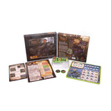 Board game components including cards and a box on a white background