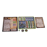 Board game components including cards and dice on a white background