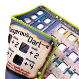 Close-up of a character card with 'Dangerous Dart' text and game elements on a white background