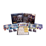 Board game components including cards, dice, and box on a white background